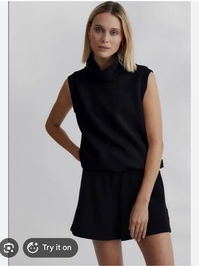 Varley Leigh High Neck Tank Top Sweatshirt Sleeveless Black Relaxed DoubleSoft